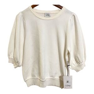 LINI White Puff Sleeve Ribbed Cuff Sweater M